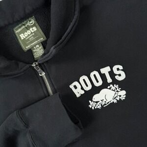 Roots Mens Quarter Zip Sweatshirt Mens‎ Large Black Embroidered Beaver Pullover
